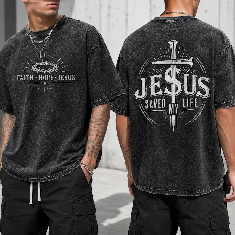 Faith Hope Jesus Vintage Washed Tee – Jesus Saved My Life Christian Shirt