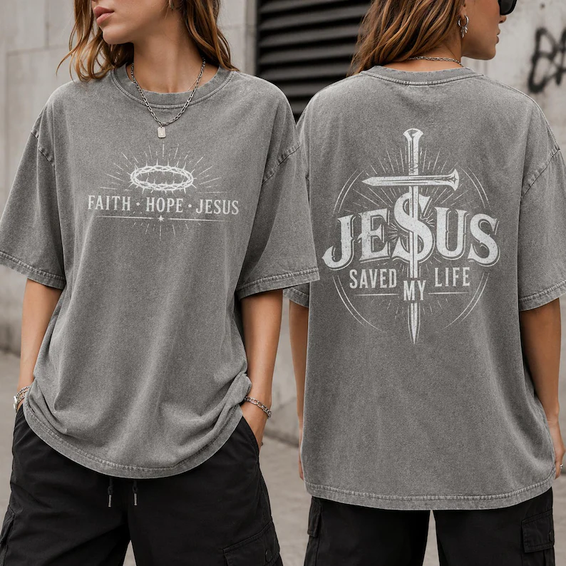 Faith Hope Jesus Vintage Washed Tee – Jesus Saved My Life Christian Shirt