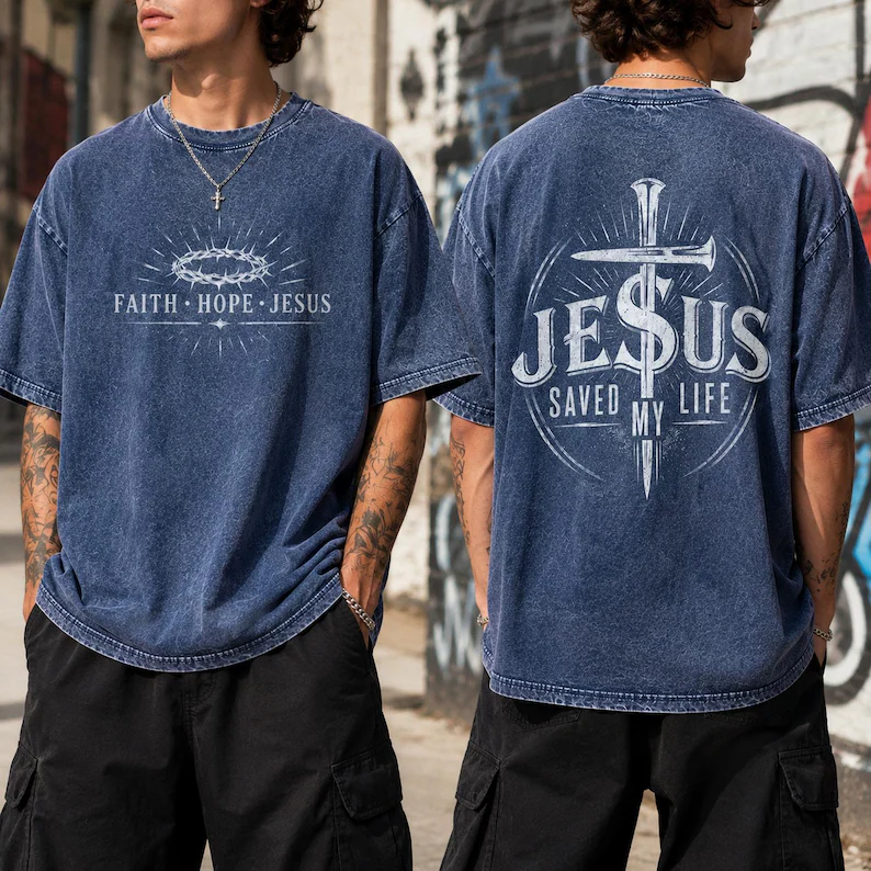 Faith Hope Jesus Vintage Washed Tee – Jesus Saved My Life Christian Shirt