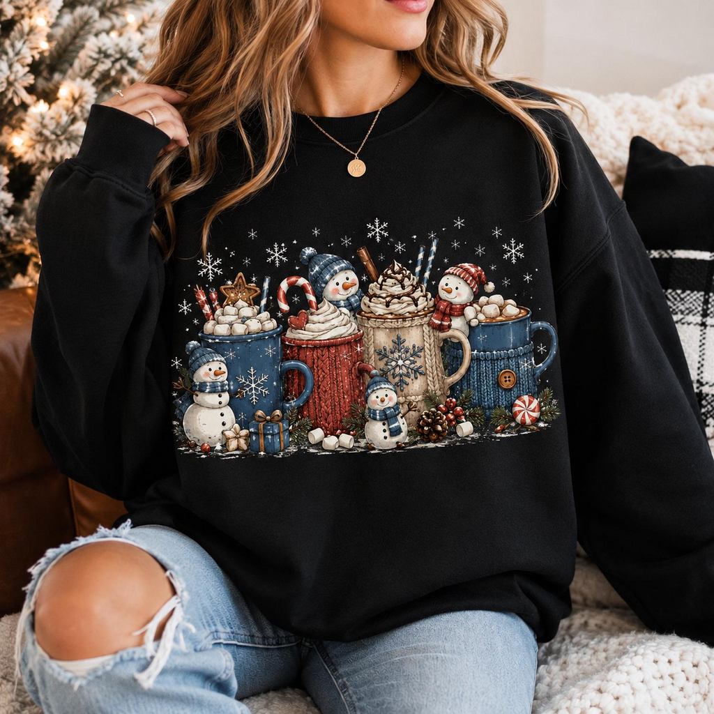 Christmas Hot Cocoa Snowman Sweatshirt – Cozy Winter Holiday Sweater