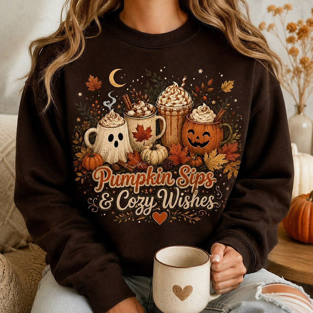 Pumpkin Sips & Cozy Wishes Halloween Shirt – Fall Coffee Tee, Sweatshirt & Hoodie