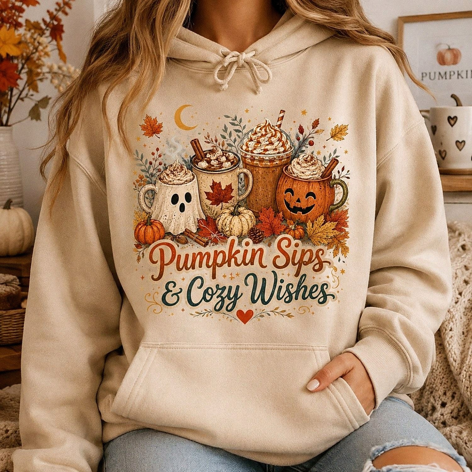 Pumpkin Sips & Cozy Wishes Halloween Shirt – Fall Coffee Tee, Sweatshirt & Hoodie