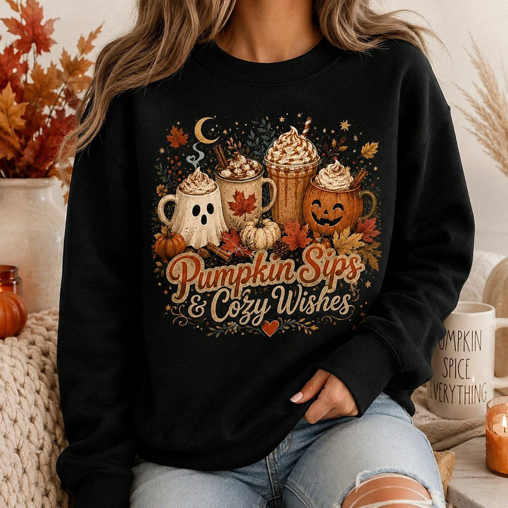 Pumpkin Sips & Cozy Wishes Halloween Shirt – Fall Coffee Tee, Sweatshirt & Hoodie