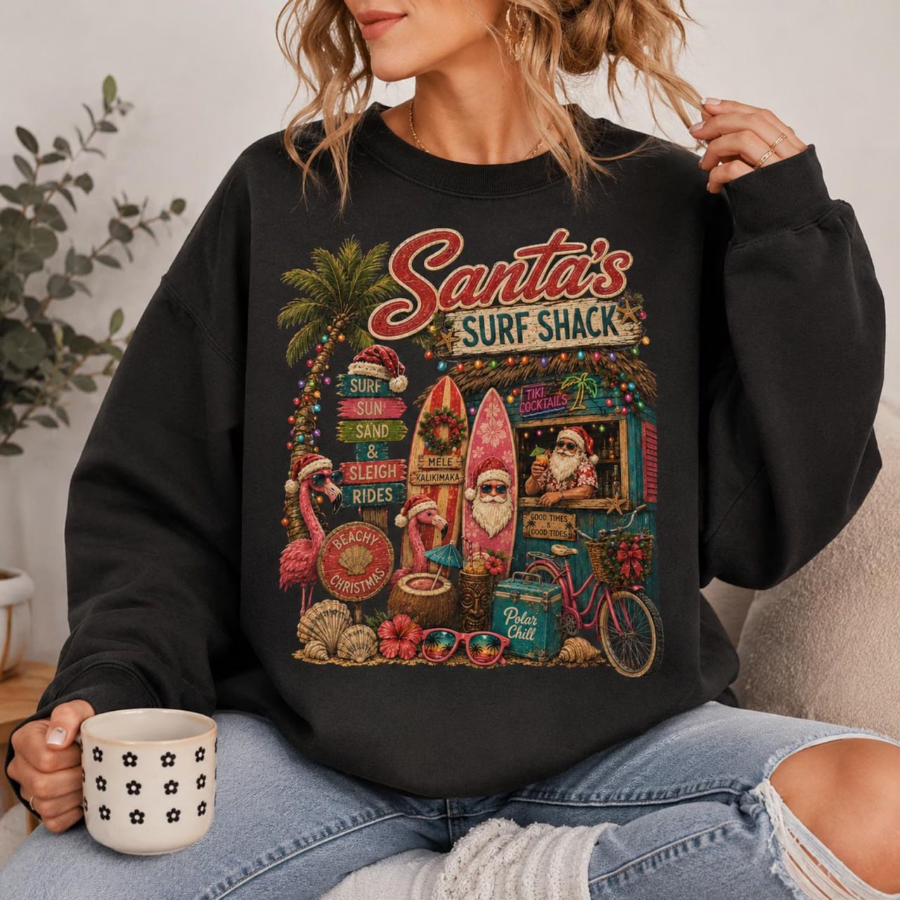 Santa’s Surf Shack Christmas Shirt – Tropical Beach Christmas Tee, Sweatshirt & Hoodie