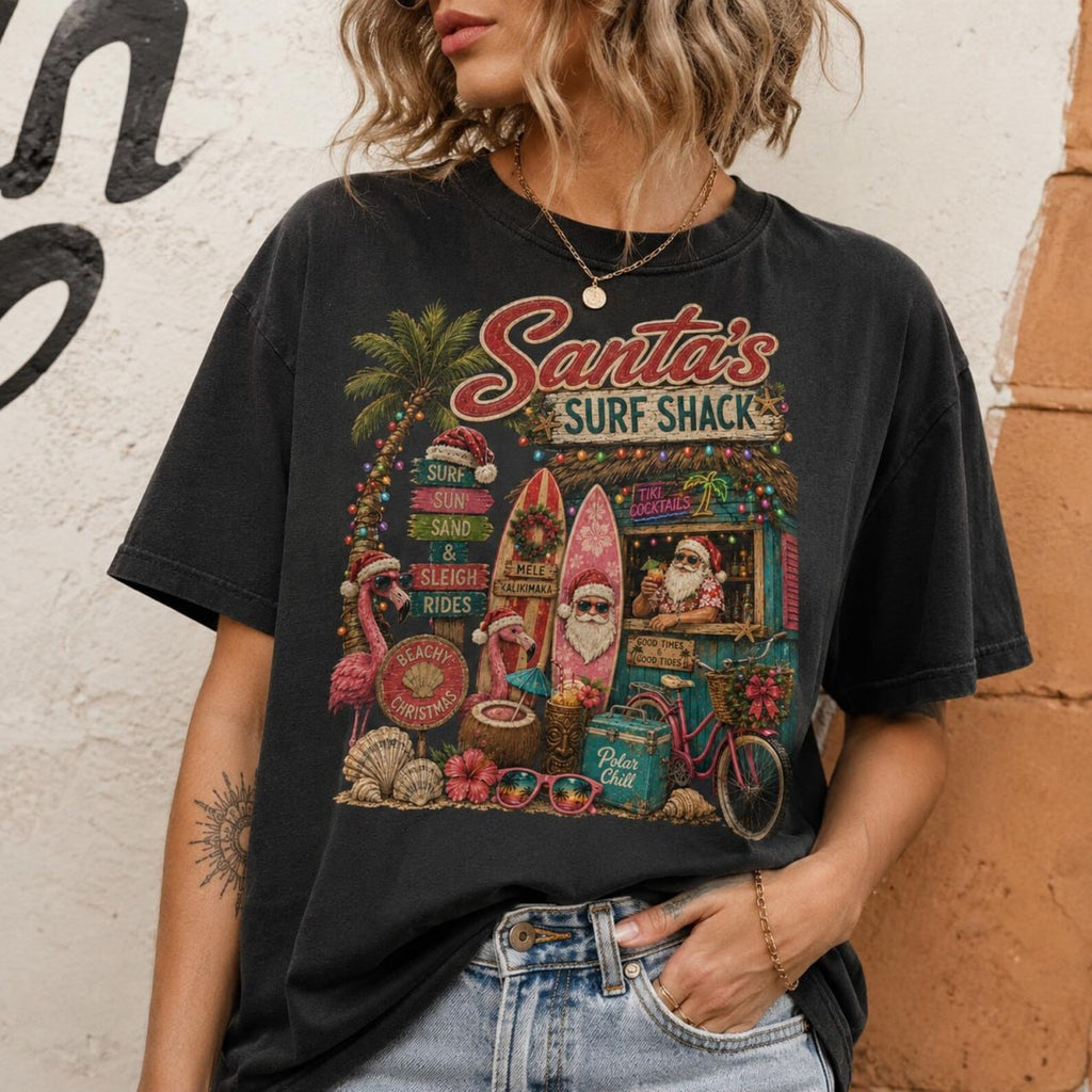 Santa’s Surf Shack Christmas Shirt – Tropical Beach Christmas Tee, Sweatshirt & Hoodie