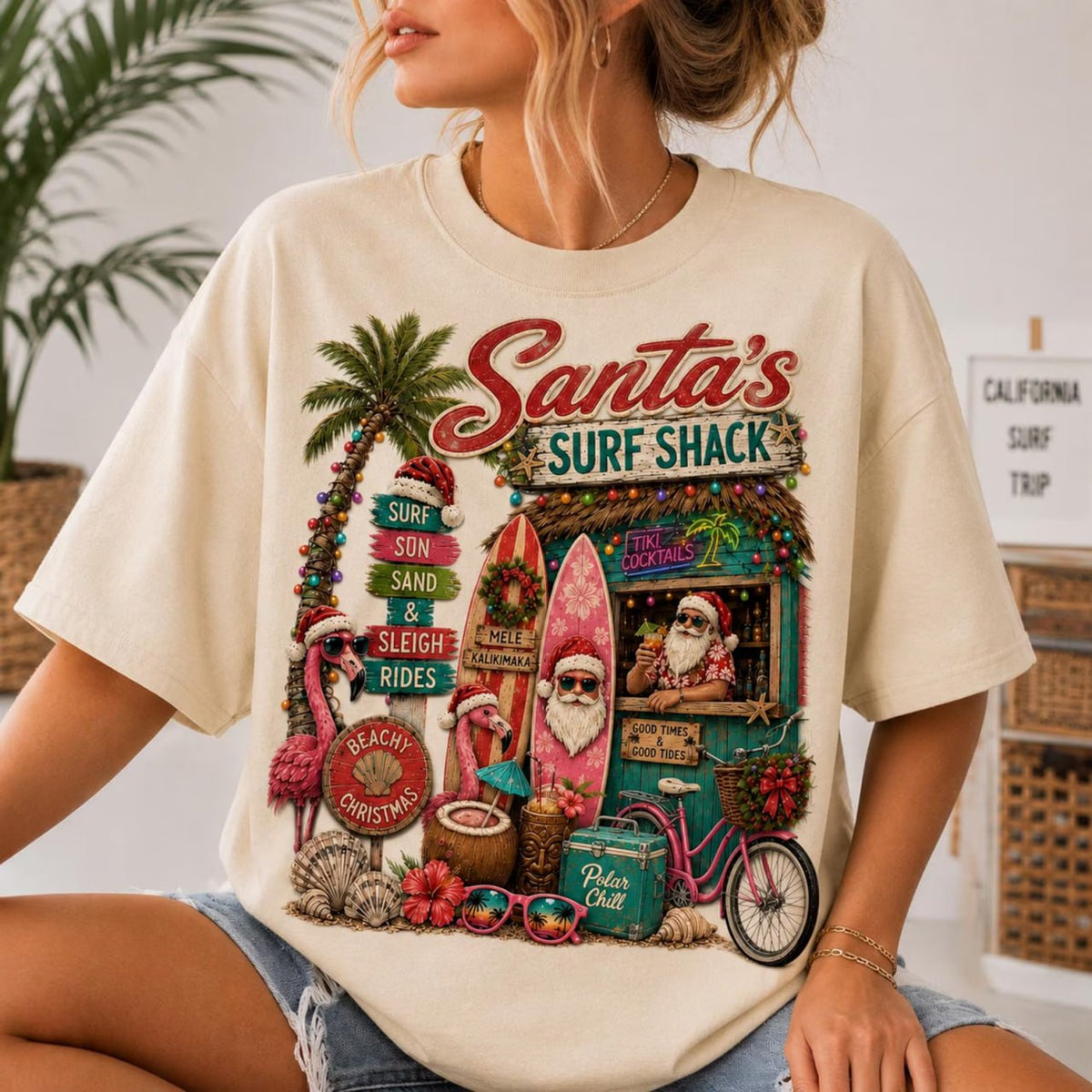 Santa’s Surf Shack Christmas Shirt – Tropical Beach Christmas Tee, Sweatshirt & Hoodie
