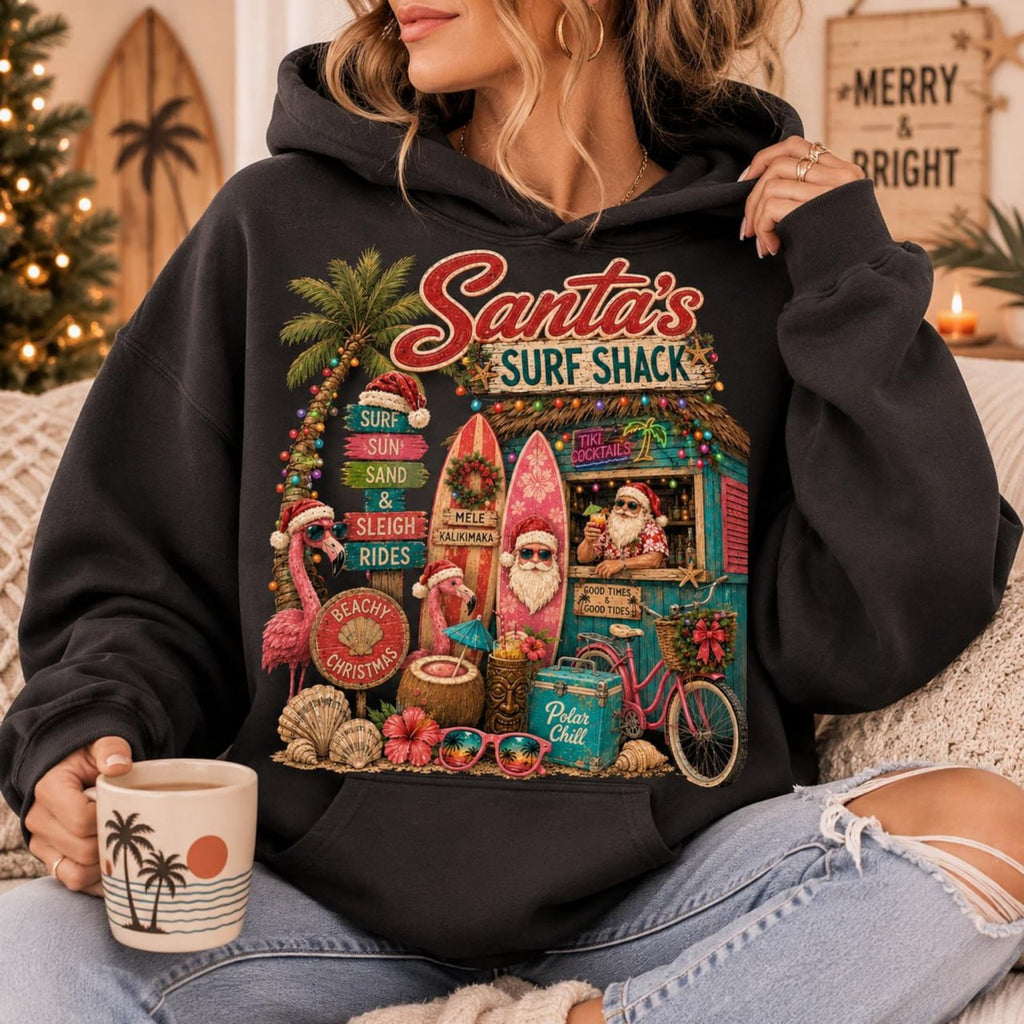 Santa’s Surf Shack Christmas Shirt – Tropical Beach Christmas Tee, Sweatshirt & Hoodie