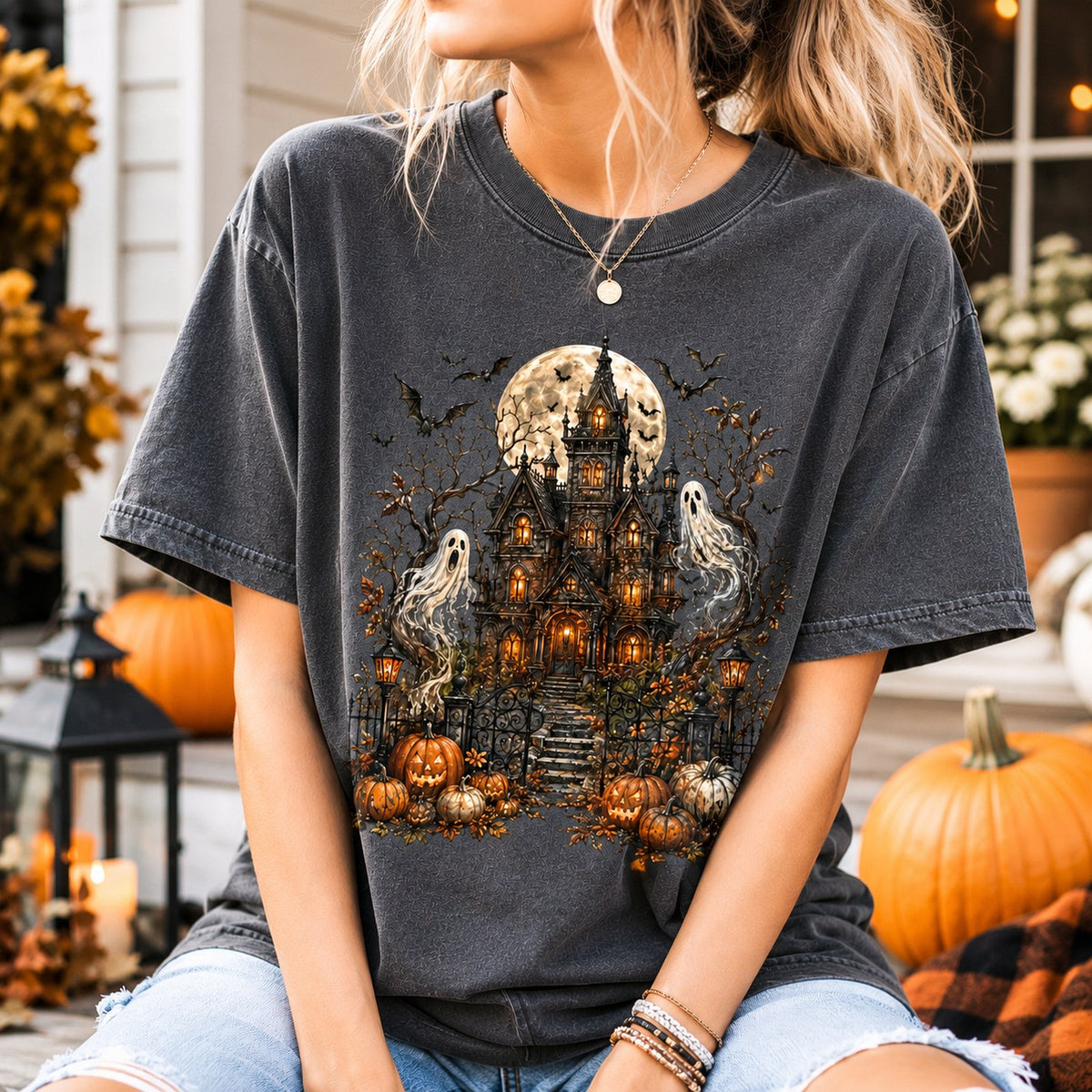 Haunted House Comfort Colors Shirt – Vintage Halloween Ghost & Pumpkin Tee
