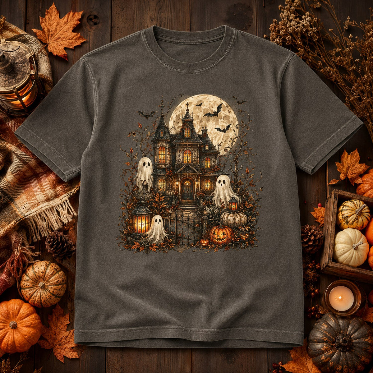 Haunted House Comfort Colors Shirt – Vintage Halloween Ghost & Pumpkin Tee