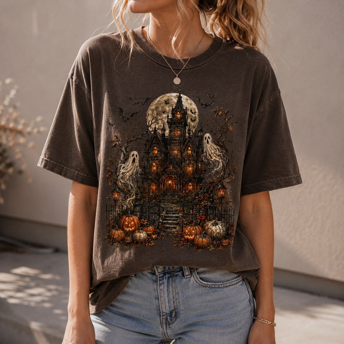 Haunted House Comfort Colors Shirt – Vintage Halloween Ghost & Pumpkin Tee